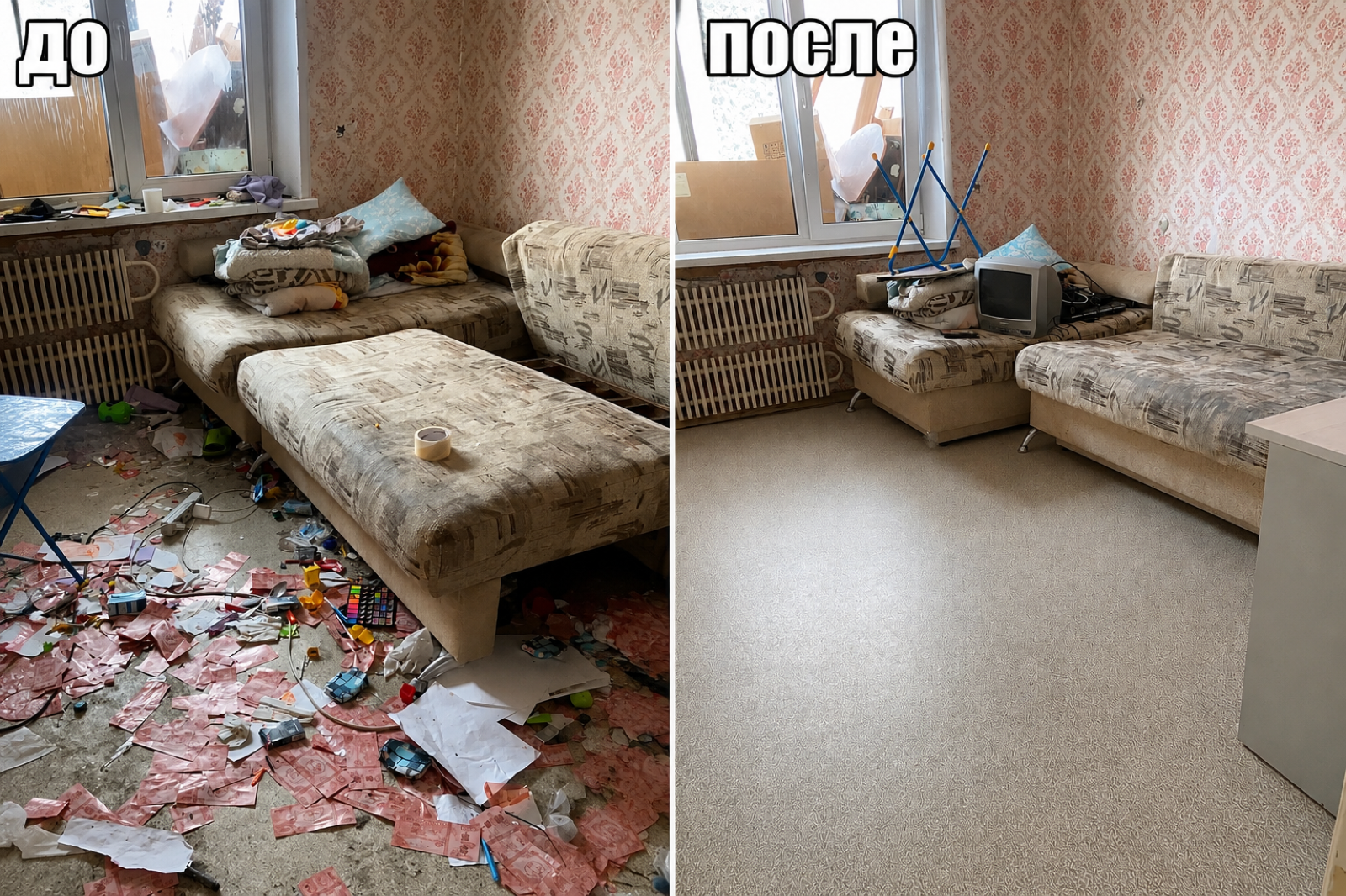 Комната до и после уборки